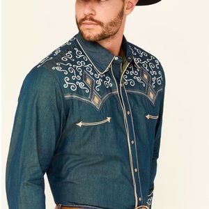 SCULLY MEN'S DENIM SCROLL EMBROIDERED LONG SLEEVE PEARL SNAP WESTERN SHIRT